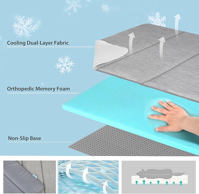 Dog Cooling Mat for Small Dogs - 24x18 Orthopedic Memory Foam Pet Pad for Summer, QMAX>0.5, Washable Premium Comfort Crate Pad for Your Furry Companion, Grey