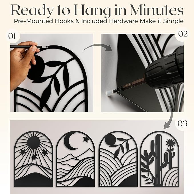 GALLERY GRACE Metal Wall Art Decor – 11" x 16", Office – Boho Minimalist Black