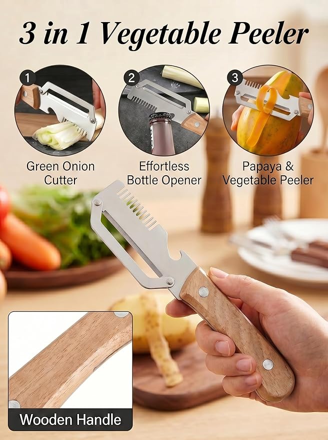 3 in 1 Multifunction Vegetable Peeler + Bottle Opener + Grater with Wooden Handle, Stainless Steel Hand Held Peeler for Potato, Pumpkin, Carrot, Fruit and Vegetable Peeler for Kitchen 3 Pcs