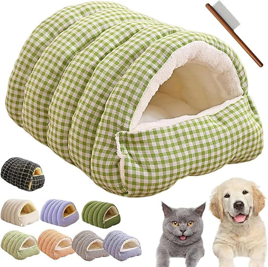 CutyPet Winter Cave,Warmth Cozy Comfort Plush Pet Cave,Cute Cozy Safe Hideaway Cat Bed with Removable Cushion,Warm Soft Removable Washable for Cats and Dogs (Green Plaid, M: 18.89 * 11.81 * 7.87 in)