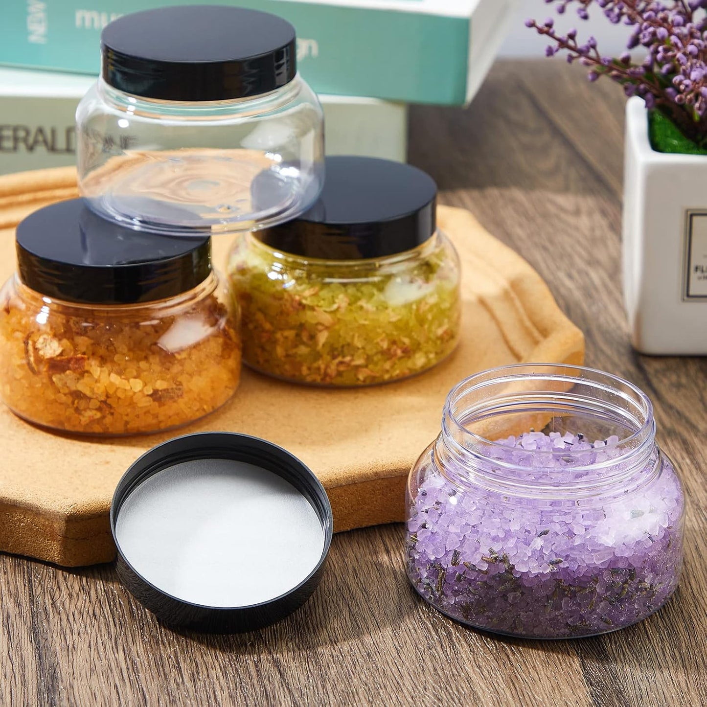 Tessco 24 Pack Plastic Jars with Lids Labels Empty Clear Plastic Jars Round Refillable Cosmetic Containers Body Butter Containers Bulk Sugar Scrub Bottle for Make Up (8 oz,Clear, Black)
