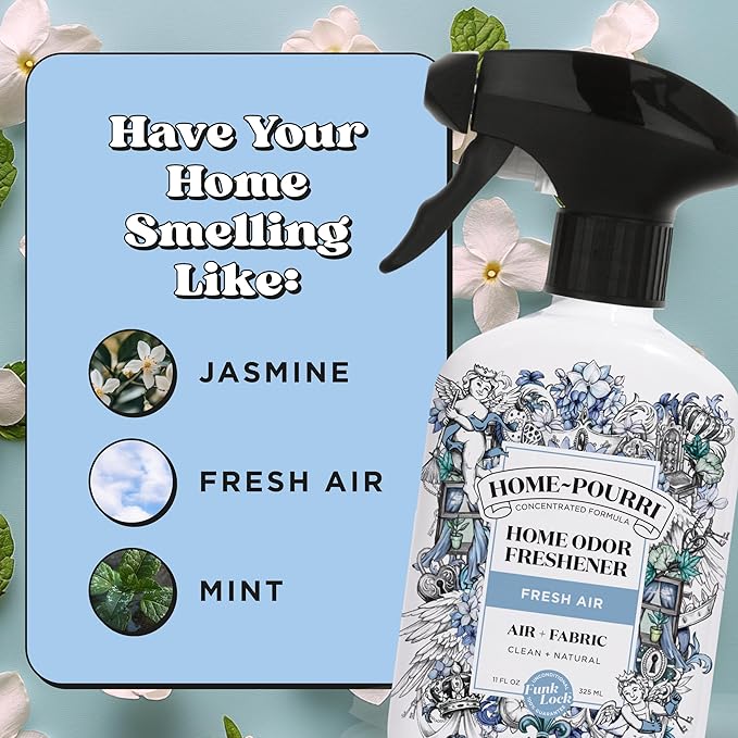 Home-Pourri Air + Fabric Multi-Purpose Odor Freshener Spray, 11 Fl Oz, Up to 570 Uses, Fresh Air Scent, Room Deodorizer with Essential Oils, for Carpets, Couches, Bedding & Curtains