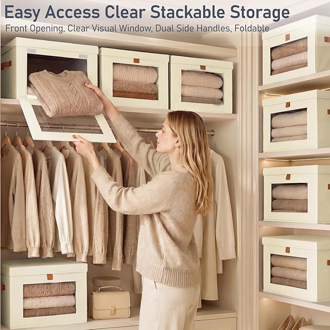 DIMJ Storage Bins with Lids - 4 Pack Front Opening Stackable Fabric Storage Boxes with Clear Window & Handles, Collapsible Closet Organizers for Clothes, Sweaters, Shelf Storage, Bedroom, Beige