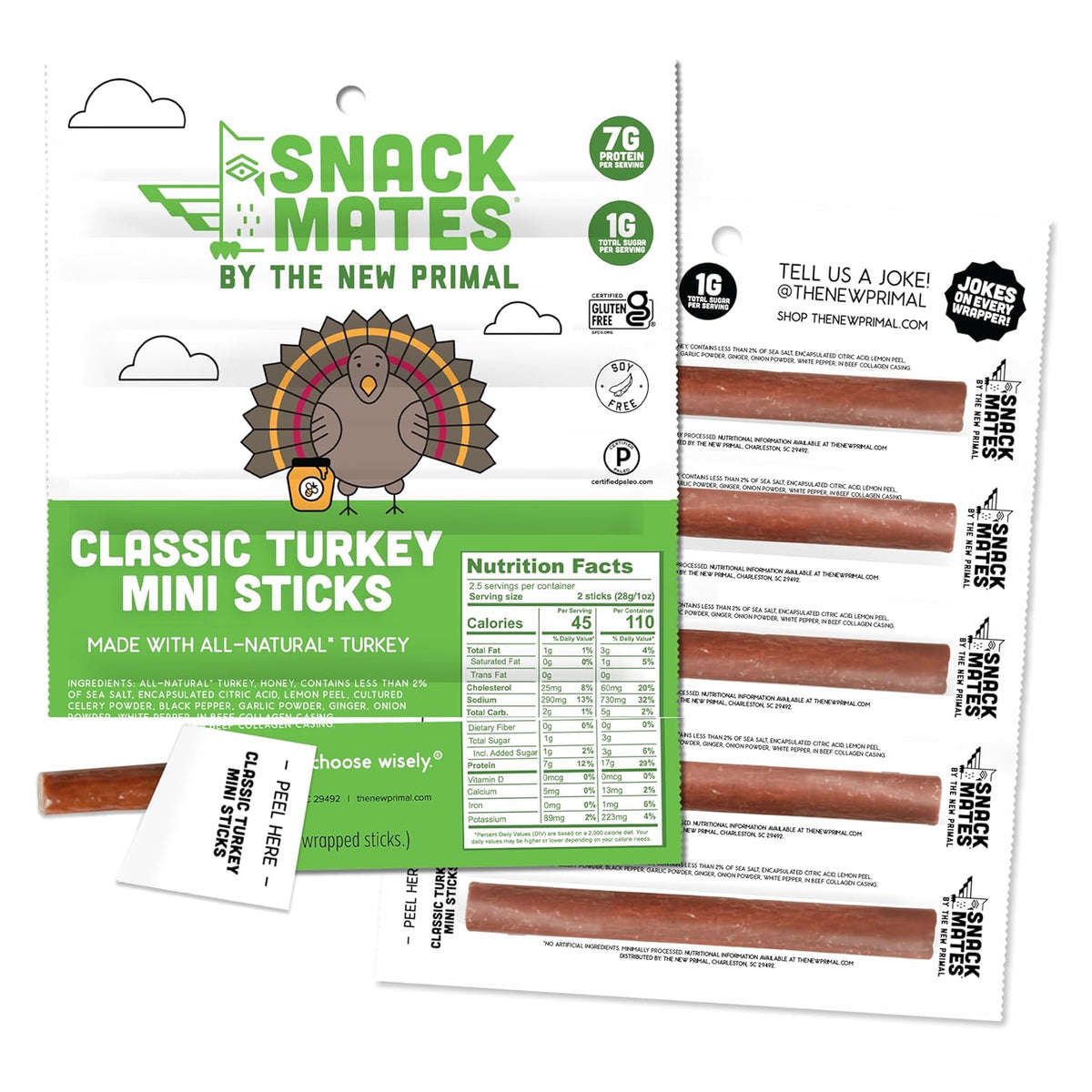 Snack Mates by The New Primal, Turkey Stick, All-Natural Turkey, High Protein and Low Sugar Kids Snack, Certified Paleo, Certified Gluten-Free, Lunchbox Friendly, 0.5 oz, Pack of 5