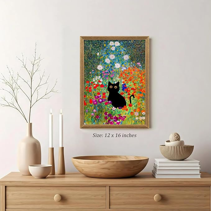Fantasy Artists Gustav Klimt Canvas Wall Art, Framed Aesthetic Cat Floral Wall