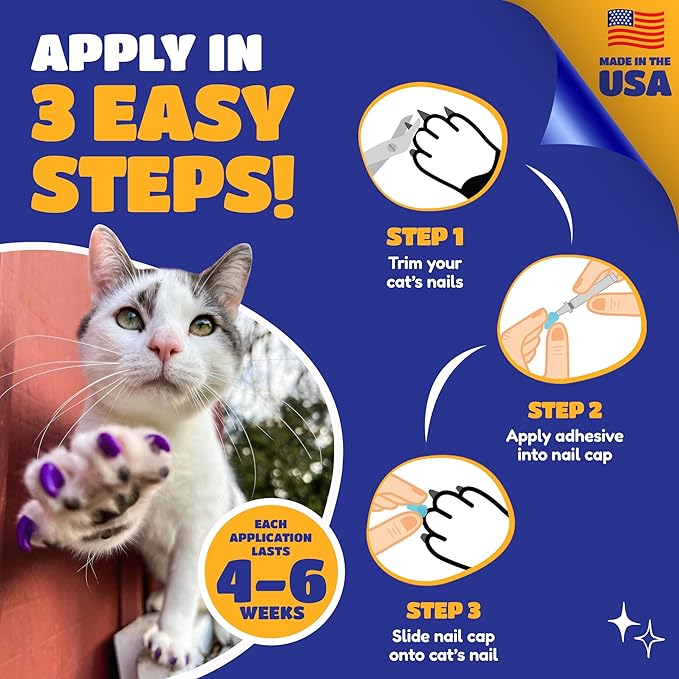 Soft Claws Cat Nail Caps for Large Cats – (40 Caps, Purple & Black) - Made in USA - Veterinarian-Developed | Protects Furniture & Skin - Easy to Apply, Long-Lasting Anti-Scratch Soft Cat Claw Covers