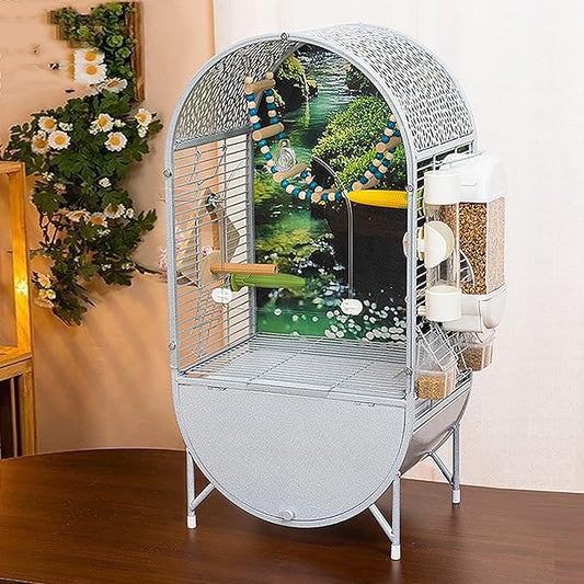 Dometop Bird Aviary with Transparent Door, Wrought Iron Bird Parrot Cage, Indoor Aviary for Small Parrots Parakeets Cockatiels (White)