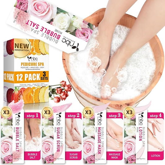 Pedicure Kit Foot Soak Set: Bubble Salt, Sugar Scrub, Massage Mask, Massage Lotion in a Box, 4 Step Foot Spa Kit for Dry Feet, Softens Calluses, Soothes Sore, Tired Feet（3 Set Rose)