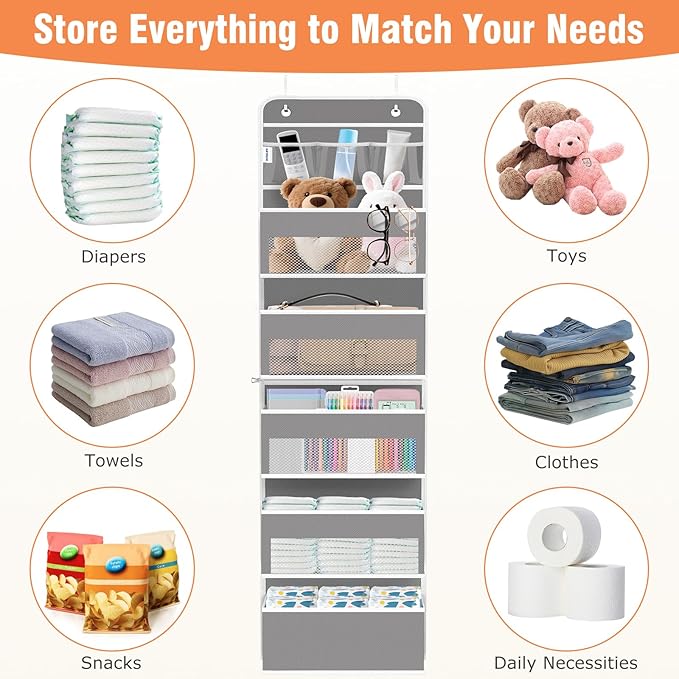 WISELIFE Over The Door Organizer - 6 Shelves Detachable Hanging Bedroom Storage Solution with 5 Large Pockets and 3 PVC Pockets for Dorm Bathroom, Pantry Nursery Baby Essentials (Grey)