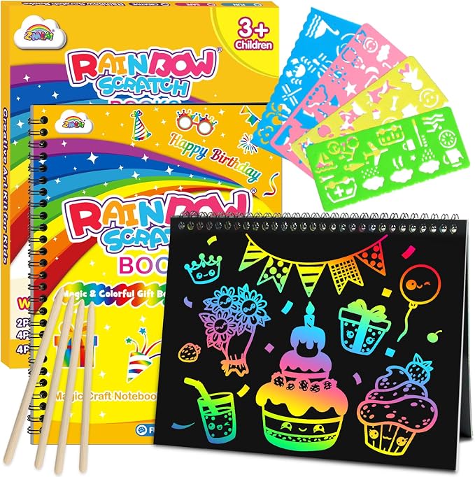ZMLM Scratch Paper Art-Crafts Gift: 2 Pack Rainbow Notebooks Supplies Toys | Art Crafts for 3 4 5 6 7 8 9 10 11 12 Years Old Girls and Boys Kids Birthday Christmas Party Travel Games Activities