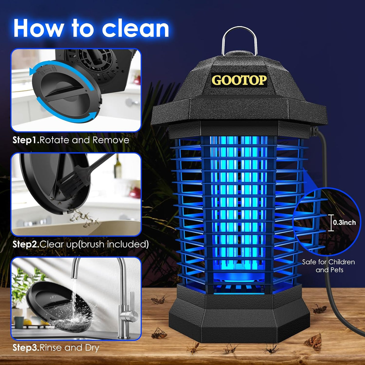 GOOTOP Bug Zapper Outdoor, Mosquito Zapper, 3 Prong Plug in Electric Fly Zapper, Mosquito Killer, Fly Traps, Flying Insects Zapper Indoor Outdoor 90-130V, 4200V, ABS Plastic Outer (Black)