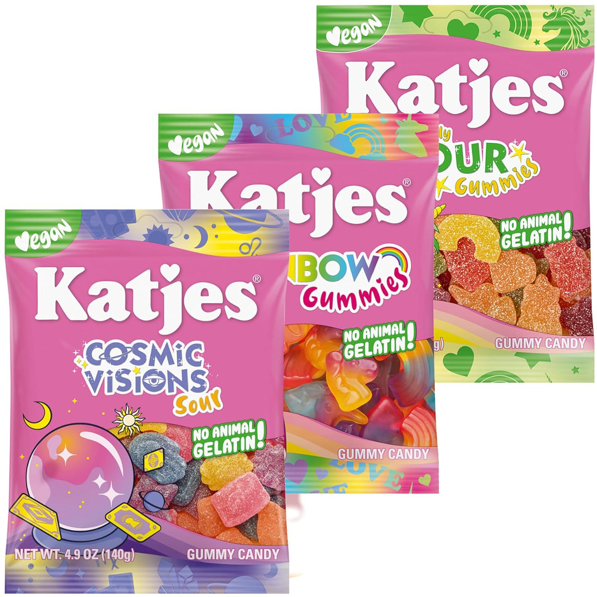 Katjes Vegan Gummy Candy Assortment, 4.9 oz Bags, 4 Flavor Pack - Rainbow Sour Wild Free Cosmic Visions Chewy Gummies – Gelatin-Free, Plant Based Sweet Fruity Snacks
