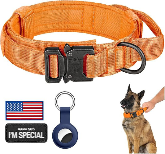 DAGANXI Tactical Dog Collar, Adjustable Military Training Nylon Dog Collar with Control Handle and Heavy Metal Buckle for Medium and Large Dogs, with Patches and Airtags Case (Orange, XL)