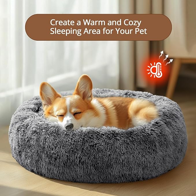 JOLLYVOGUE Large Calming Dog Bed, Anti-Anxiety Donut Cuddler Cat Bed with Anti-Slip Bottom, Fluffy Faux Fur Machine Washable Pet Cushion for Medium Large Dog & Cat, 36"/Smoke Black