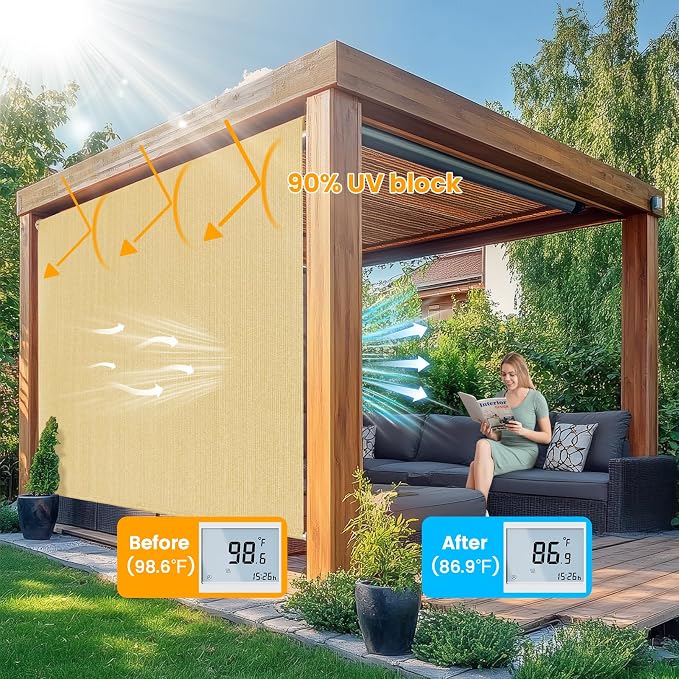 8'W x 8'H Sesame Patio Shades Roll up Outdoor Roller Shade Crank Wand Blind