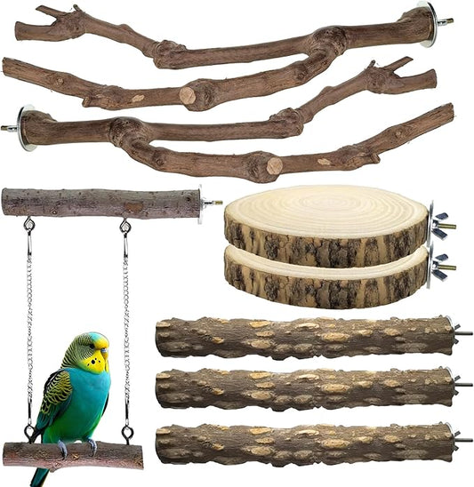 8pcs Bird Perches for Cage, Natural Wood Bird Perch for Parakeet/Cockatiel, 9.5“ Medium Bird Cage Stick, Bird Branches for Cages, Birdcage Accessories for Parrot Conure