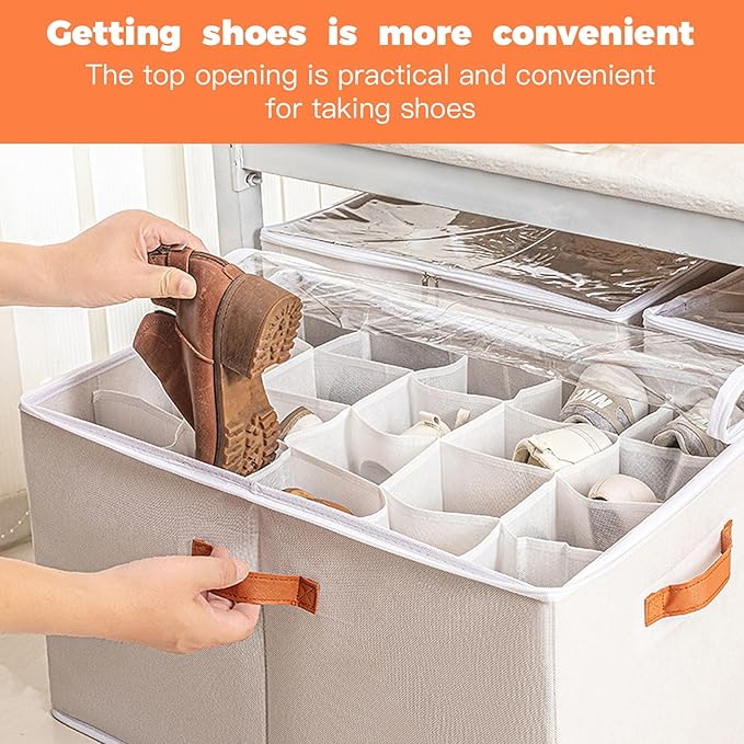 2 Pack Shoe Organizer for Closet - under bed storage shoe organizer with Adjustable Dividers and Clear Cover, Stackable shoe rack Fit 16 to 32 Pairs for dorm room essentials (Black, 16 grids)
