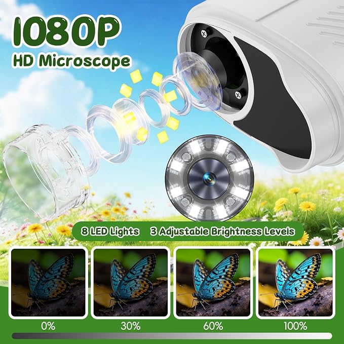 SEEKID Kids Microscope,1000X Handheld Digital Microscope (White) | 2.4" IPS Screen | Rechargeable Handheld | 8 LED Lights | STEM Toy for Exploring Science | Ages 5–12
