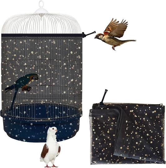 Bird Cage Seed Catcher, 45-90'' Adjustable Bird Cage Cover, Universal Nylon Bird Cage Mesh Net, Bird Cage Skirt Guard Accessories for Parrot Parakeet Macaw Round Square Cage (Black)