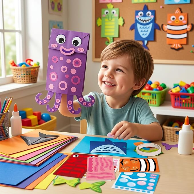 WATINC Hand Puppet Making Kit, Paper Sock Puppet Toys for Kids (Ocean) | 9 Styles, Make Your Own Storytelling & Role Play Crafts, Creative Group Activity, Party Favors & Gifts for Kids Ages 4-8