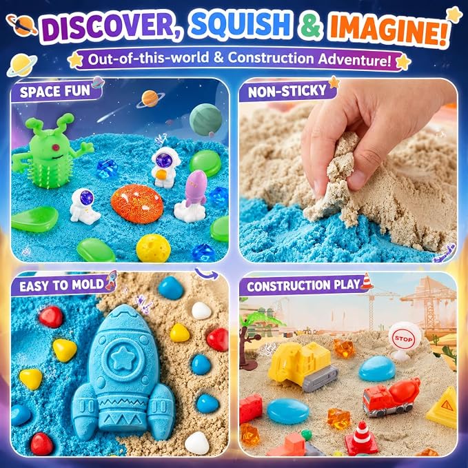 AGENTLAN Stackable Sensory Bin, Construction & Space Sensory Sand Play Set | Construction and space themes play sand kit, gift for toddlers, boys and girls ages 3+