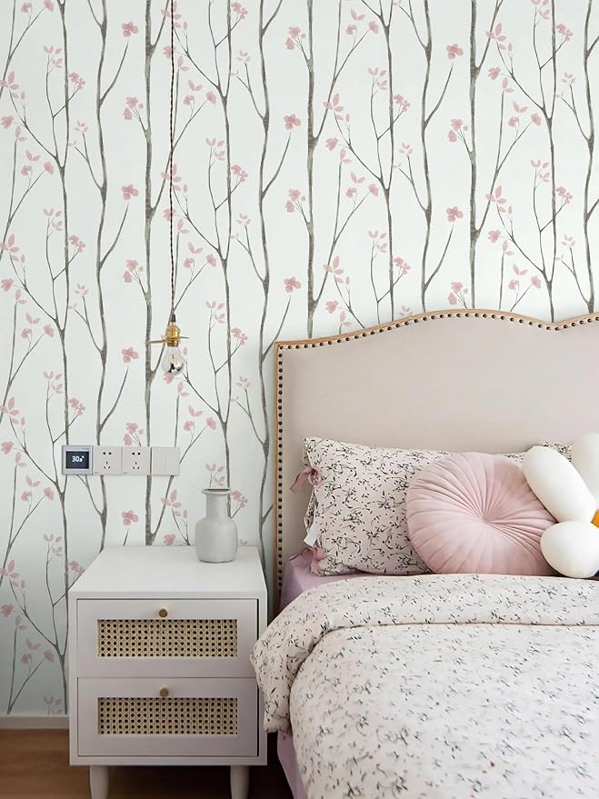 Timeet Floral Wallpaper White and Pink Wall Paper Peel and Stick Modern Contact