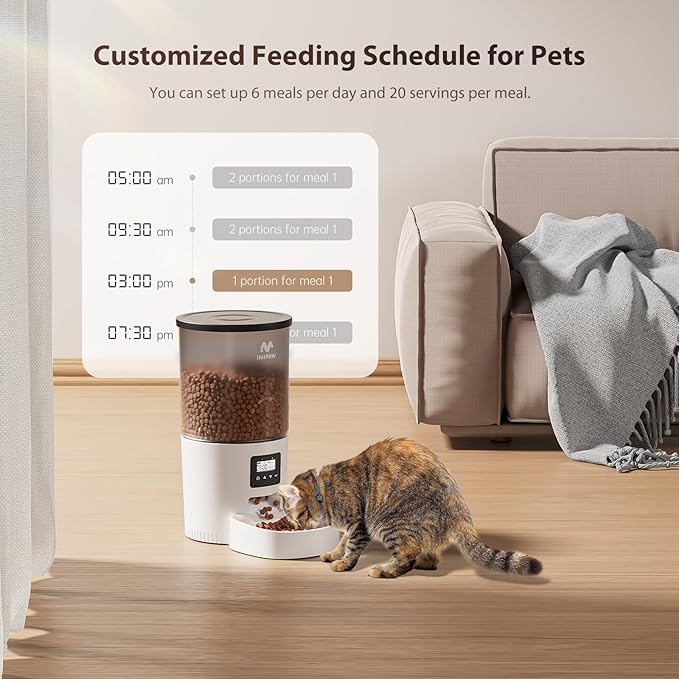 Automatic Cat Feeders, 5L Large Capacity, Timed Feeding Dry Food, Dual Power Design, Programmable Portion Size, 1-6 Meals Per Day, with Desiccant Packet, Suitable for Small Pets Food Dispenser