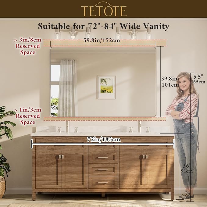 TETOTE 60 x 40 Inch Brushed Gold Frame Mirror, Brass Bathroom Vanity Mirror
