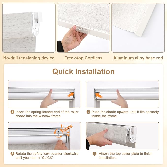 SUNOFF No Drill Tools Cordless Blackout Roller Shades Blinds