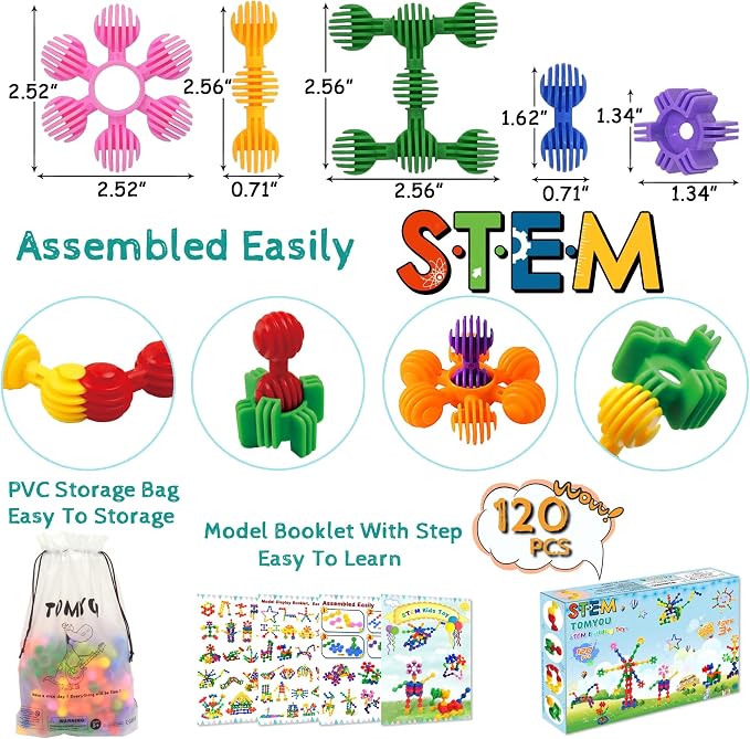 Kids Building Blocks STEM Toys, 120 PCS Plastic Gear Interlocking Sets That Bends - Safe Material - Toddler Educational Toy for Girls and Boys Aged 3+
