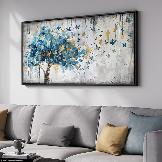 Framed Large Tree Wall Art, Modern Golden Butterfly Picture