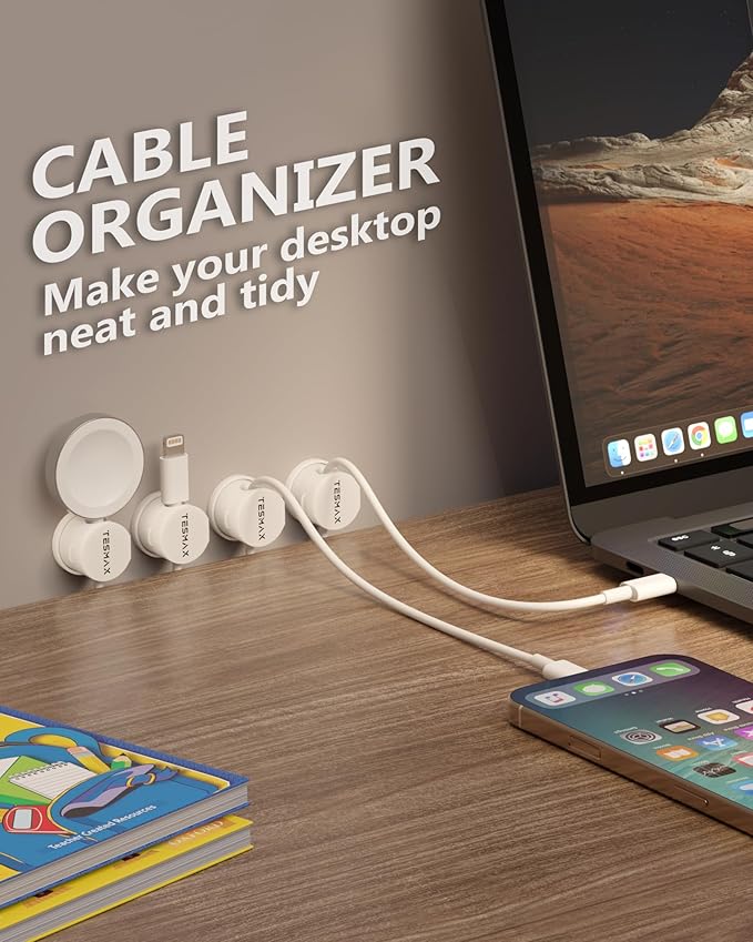 Magnetic Cable Clips 360° Rotation Cord Holder, 6Pack Cord Organizer 1s Lock Cable Smooth Adjustable Desk Organizers and Accessories, Adhesive Cord Clips for Nightstand,Phone,Wall,Car,Home Office