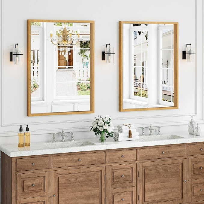 Syndra Natural Wood Frame Bathroom Mirror, 30x40'' Modern Vanity Mirror