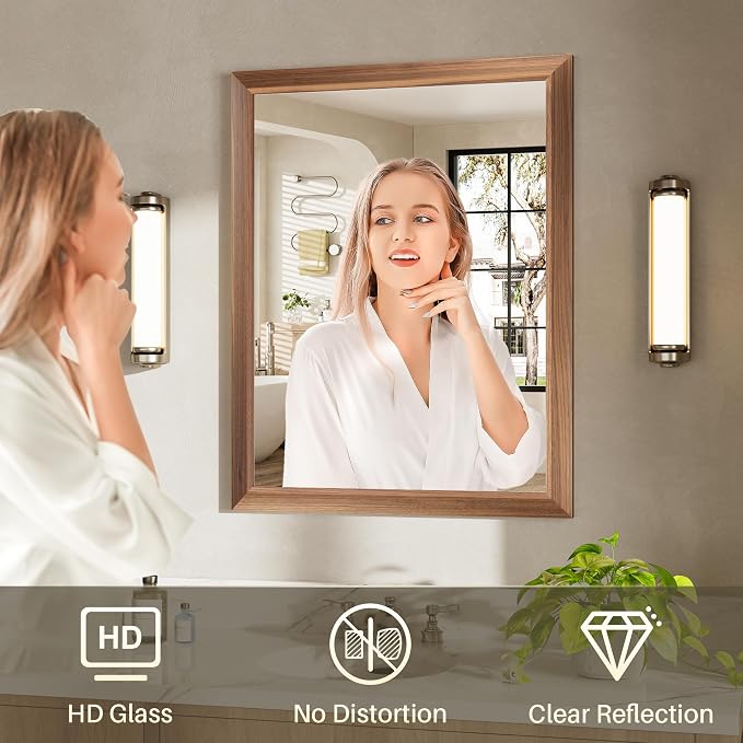 24x36 Inch Bathroom Mirror for Wall, Anti-Rust Walnut Wood Grain Metal Framed