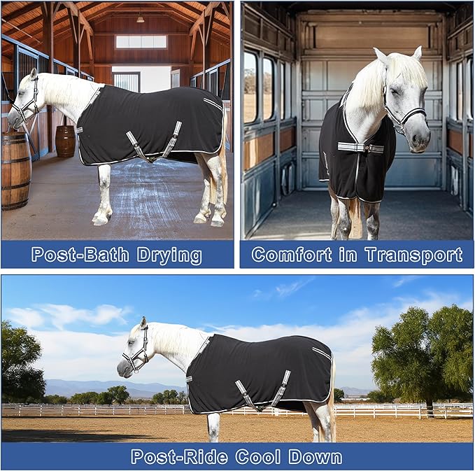 Horse Fleece Cooler, Blanket Liner - 300g Anti-Pilling Fleece, Moisture-Wicking, Cooling & Drying for Post-Workout, Bath & Travel, Prevent Overheating & Chilling Black 69