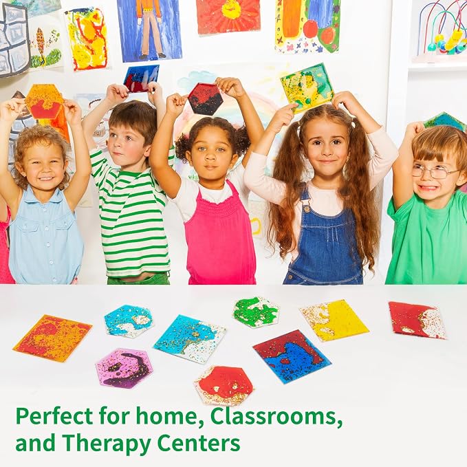 LONGKING 4-Pack 6"x 6" Liquid Tiles for Kids, Soft Gel Liquid Sensory Toys for Autistic Children, Sensory Mats, Sensory Toys for Toddlers 3-4 | Sensory floor tiles, soft liquid gel, 6"x6", color movement play mat, playroom classroom daycare, 4-pack