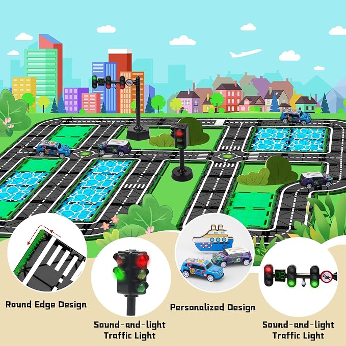 Magnetic Tiles for Kids Ages 4-8, Road Set with Traffic Light Boy Stem Toys | Traffic City Center Expansion Set, Pullback Car, Ship, Race Track, Preschool Building Blocks Toy, Gifts for 4+year old
