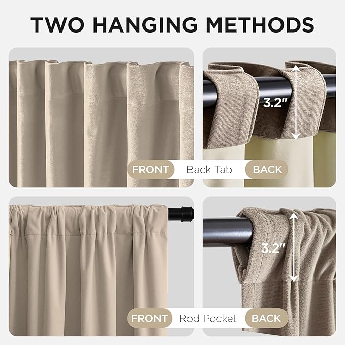 Joydeco Beige 100% Blackout Curtains 102 Inch 2 Panels, Luxury Thermal Beige Velvet Curtains for Bedroom Living Room, Soundproof Blackout Window Drapes, Rod Pocket & Back Tab (52W x 102L)