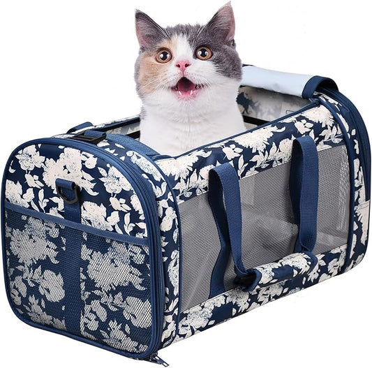 Soft-Sided Kennel Pet Carrier for Small Dogs, Cats, Puppy, Airline Approved Cat Carriers Dog Carrier Collapsible, Travel Handbag & Car Seat (Blue White Floral, 19" L x 11" W x 11" H)
