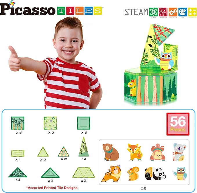 PicassoTiles Magnet Tile Building Blocks Forest Animal Theme Toy Set with 8 Character Action Figures Educational STEM Learning Construction Kit Pretend Play Magnetic Tiles Preschool Kids Ages 3+ PTQ16