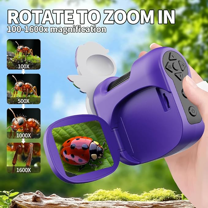 1600X Handheld Microscope for Kids 2" IPS Screen Kit Mini Pocket Digital Microscopes STEM Science with Slides Photo Video Rechargeable Portable Scope Gift for Ages 6-12 (Purple)