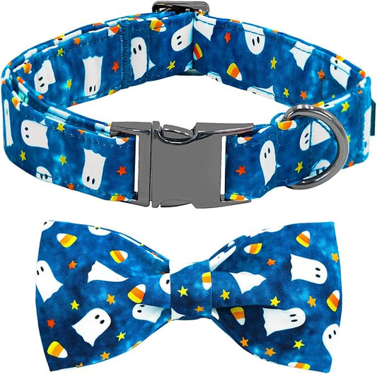 Halloween Dog Collar, Ghost Print Adjustable Pet Collar Blue Cute Cotton Soft Collars with Bow Tie Fall Metal Buckle Holiday Puppy Collars Boy&Girl Gift for Small Dogs