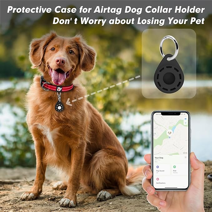 azuza Reflective Dog Collar with Airtag Holder, Soft Neoprene Padded Pet Collar with ID Tag Ring, Adjustable for Large Dogs,Red,L