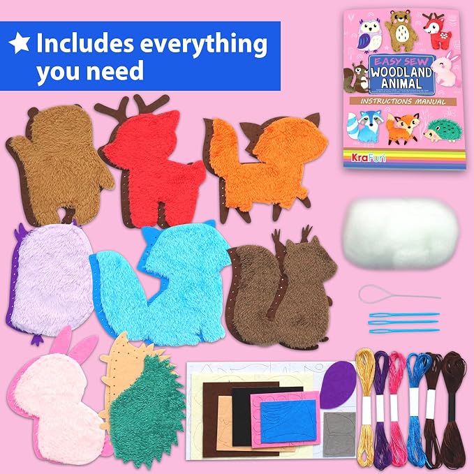 KRAFUN Woodland Animal Sewing Kit for Kids Ages 6+ | 8 Dolls | Sew 8 woodland animals: Bear, Bunny, Fox & Owl. Instructions & felt included. Beginner gift for girls & boys