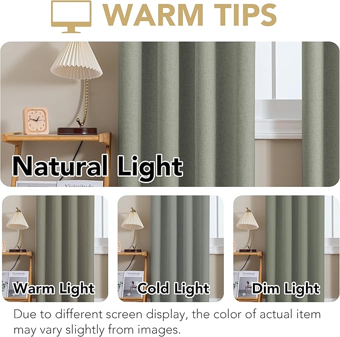 H.VERSAILTEX Linen Curtains 100% Blackout Curtains for Bedroom 84 inch Long Full Light Blocking Nature Linen Blended Window Curtains for Living Room Nickel Grommet (2 Panels, Heathered Dried Sage)