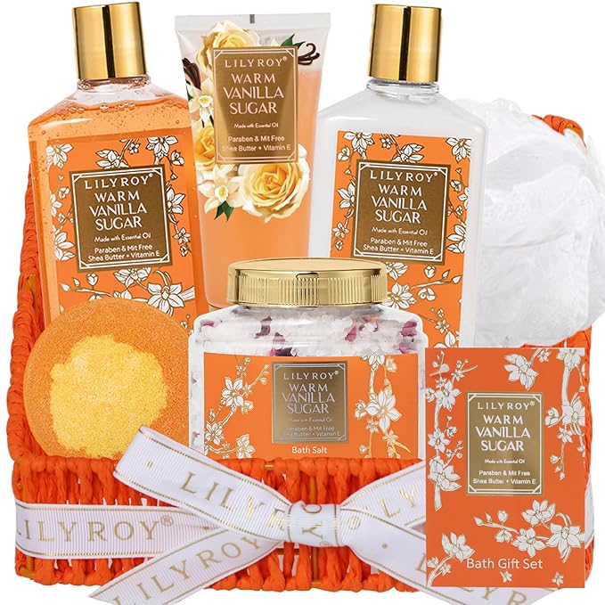 Christmas Gifts for Women - 7 Pcs Vanilla Bath and Body Gift Basket Set Spa Gift Basket Set for Women with Bath Bomb | Perfect Valentine's, Birthday, Mothers Day for Mom, Gift Set for Her All Occasion