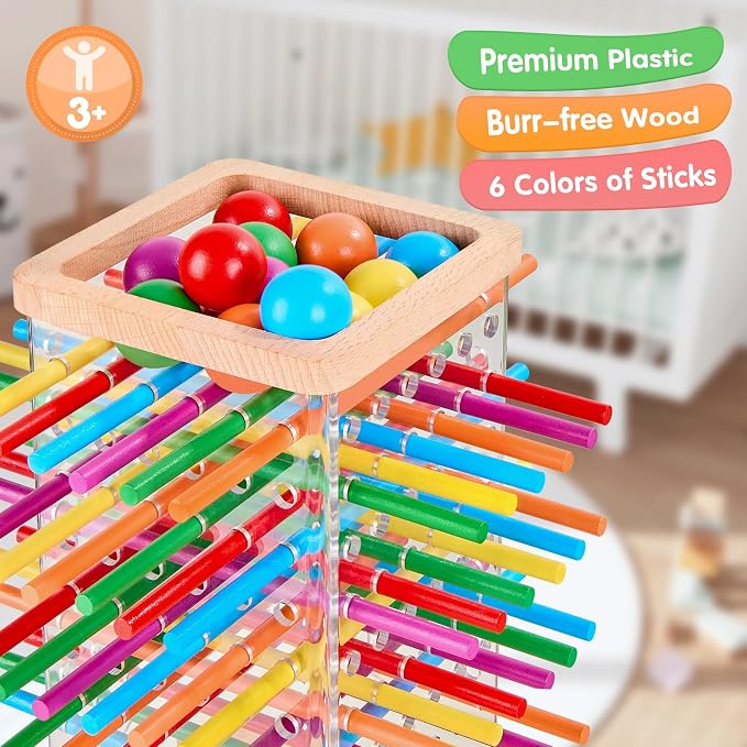 Montessori Wooden Board Games, 48 Colorful Sticks Dice Game with 12 Balls, Family Game for Kids and Adults, Math Educational Toys for 3 4 5 6 Years Old, Fine Motor Skills Toy Gifts for Boys and Girls