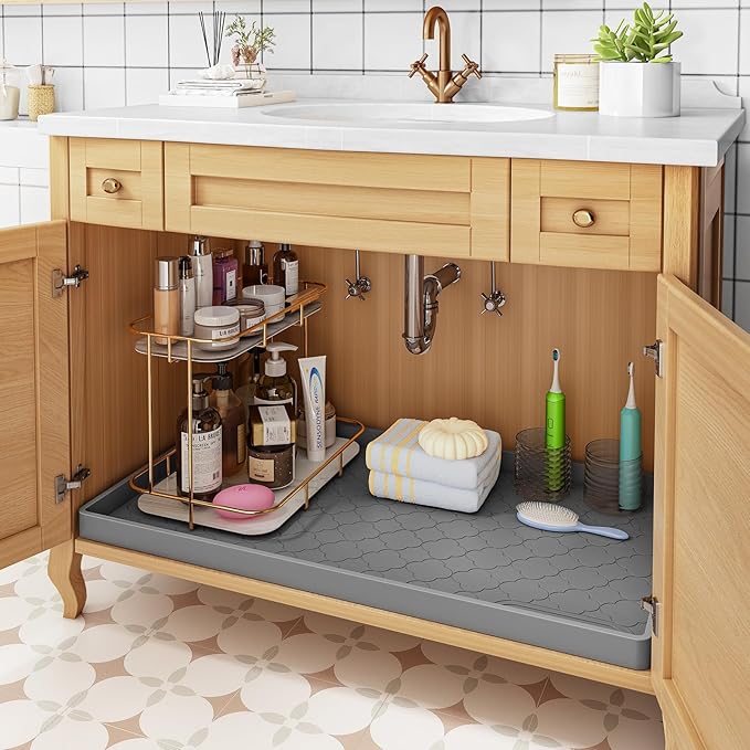 Jin&Bao Waterproof Under Sink Mat 22" x 22", Thick Silicone Mat Cabinet Protector for Kitchen and Bathroom, Shelf Liner, Home Organizer and Storage, Multipurpose Tray for Gadgets and Essentials