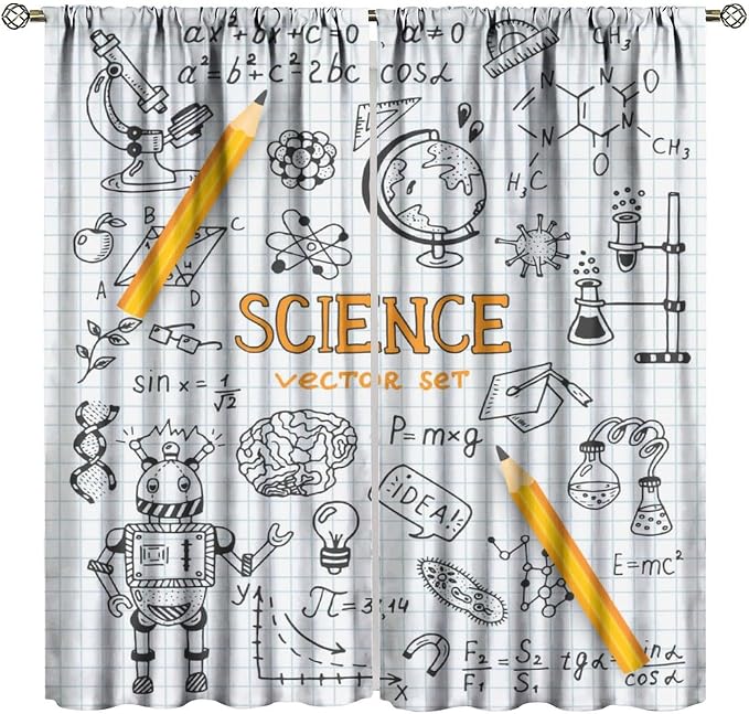 Science Symbols Kids Curtain Sketches Cartoon Chemistry Physics Geometry Education Pattern Print Window Drapes for Bedroom Living Room Kitchen Decor,2 Panel Set,84x84 Inch Blackout