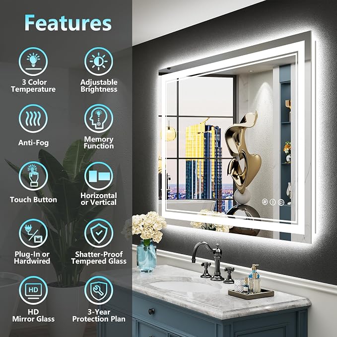 40x36 LED Bathroom Mirror with Lights, Backlit and Front Lit Anti-Fog Lighted